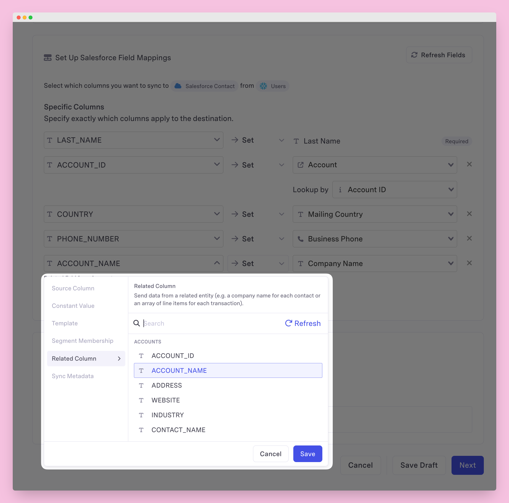 Census Create Sync to Salesforce with related Columns