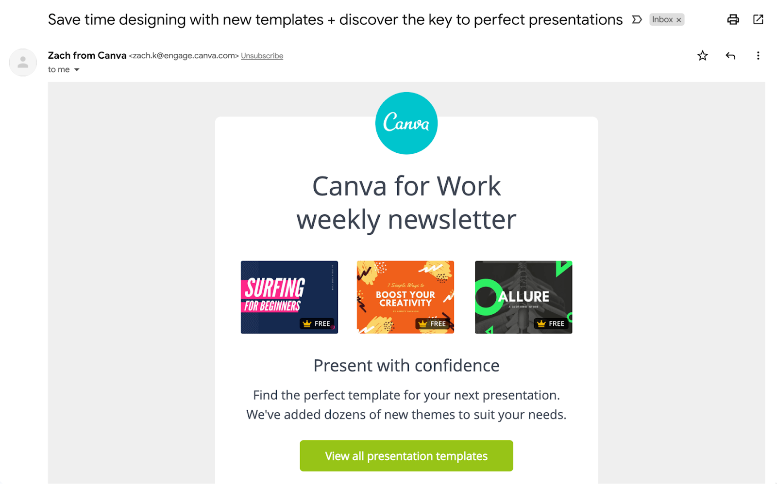 Example of a personalized newsletter from Canva on their presentations feature