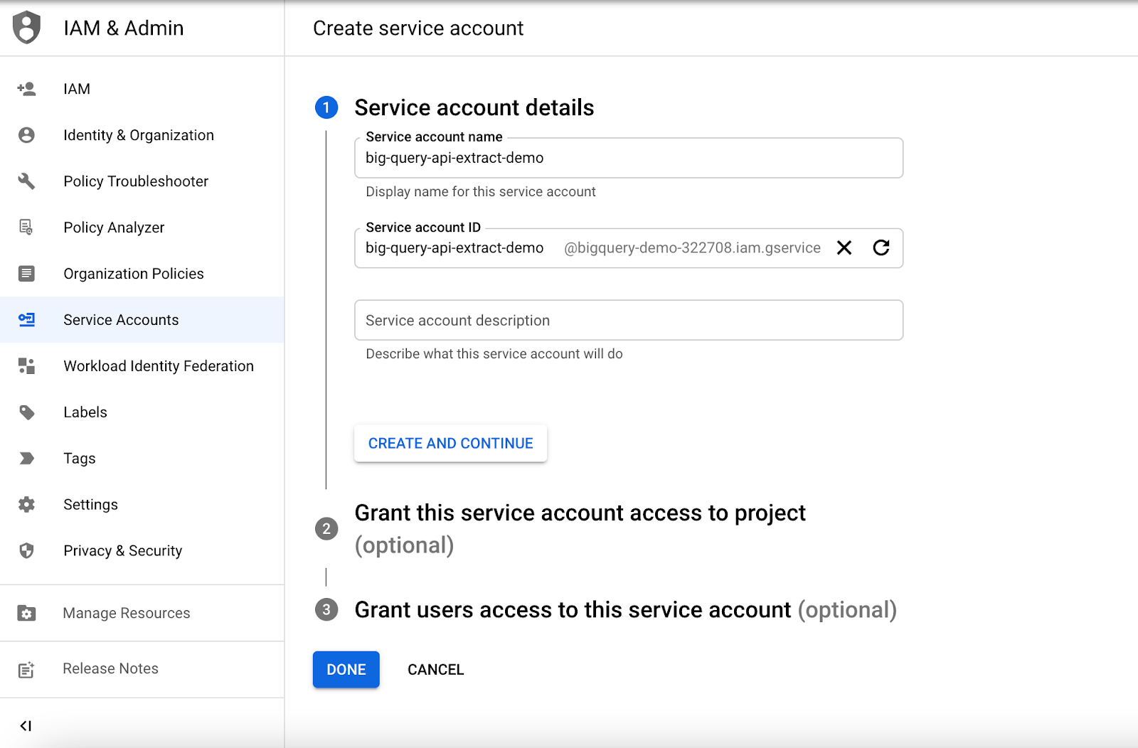 Give service account name big query api extract demo