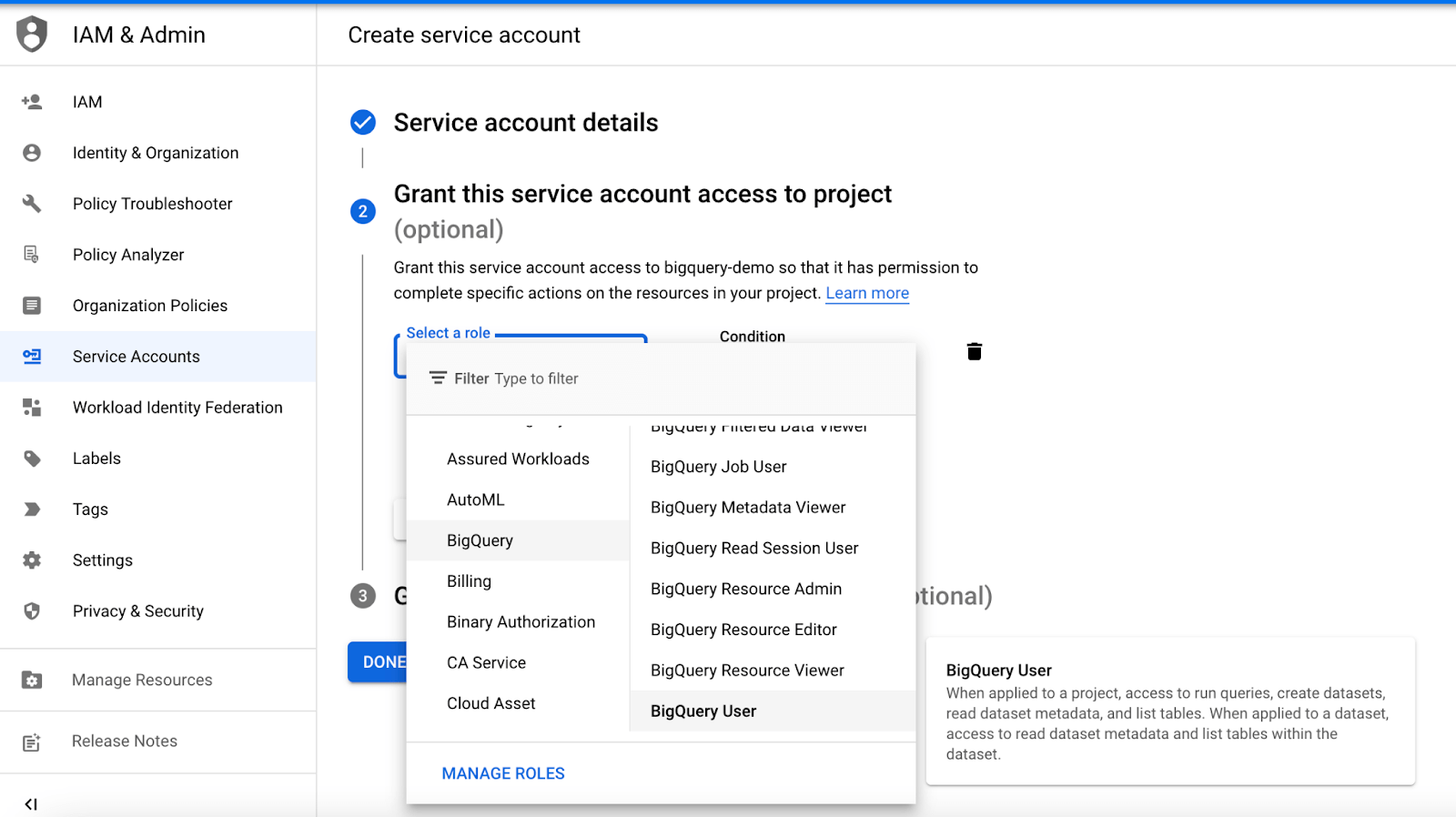 Select roles and permissions for google cloud service account