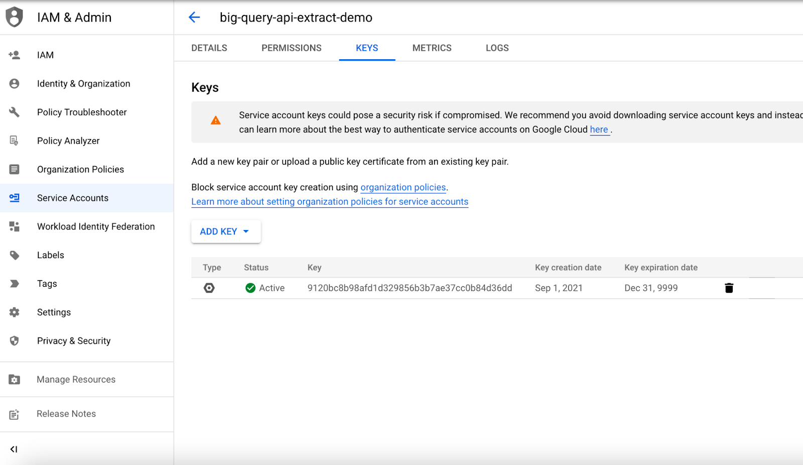 Google BigQuery api key active