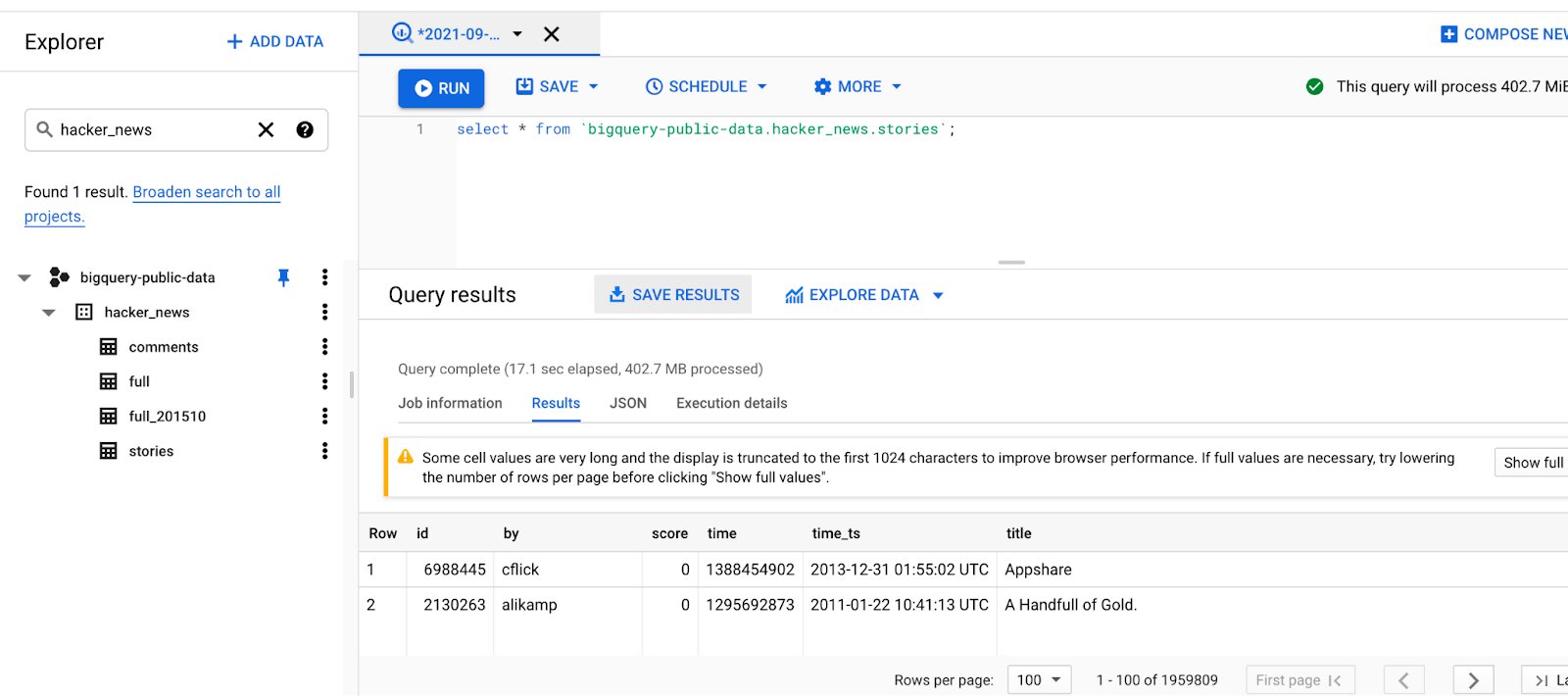 View rows and columns from BigQuery public data set