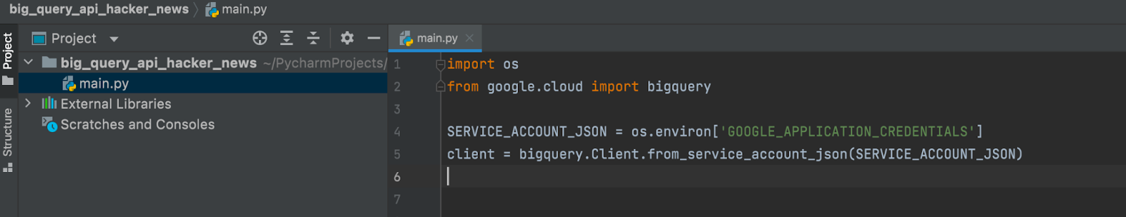 Input service account API key in code editor
