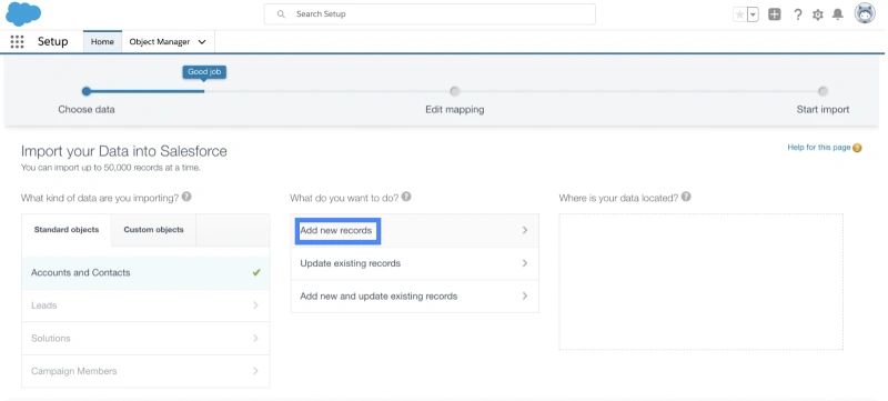 Add new records on Salesforce Data Import wizard