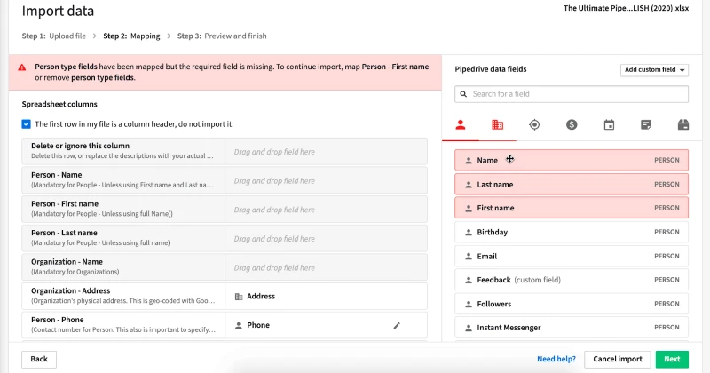 Pipedrive field mapping