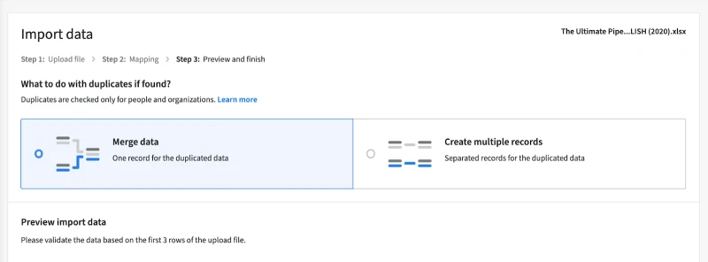 Pipedrive import duplicate data option